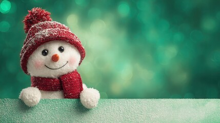 Adorable snowman character with red hat and scarf smiling in a winter wonderland setting with a sparkling green bokeh background perfect for festive projects