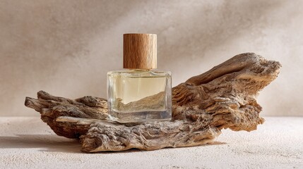 Elegant glass perfume bottle resting on natural driftwood, showcasing a minimalist aesthetic with earthy tones, perfect for beauty and lifestyle photography