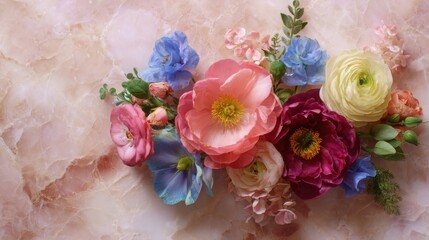 Vibrant Floral Arrangement on Marble Background with Various Blooms including Peonies, Ranunculus, and Sweet Peas in Soft Pastel Hues