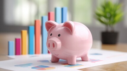 Pink piggy bank on a table with colorful bar graphs and charts representing financial growth, savings, and investment strategies in a bright office setting