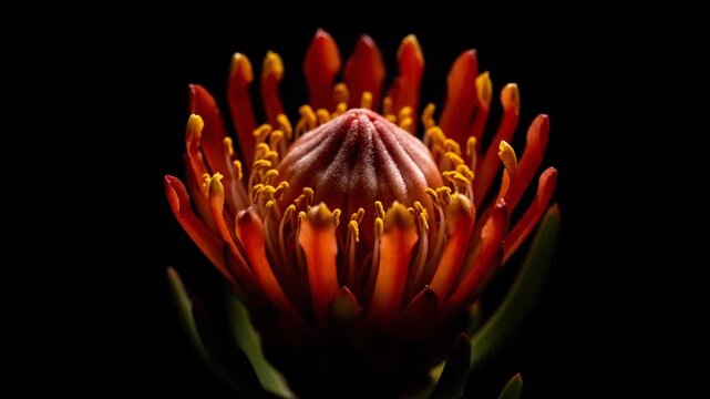 a vibrant protea flower in bloom against a dark background . use as multipurpose tittle intro, background. product mockup. motion graphics background