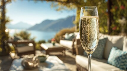 Elegant sparkling champagne glass in a serene outdoor setting with beautiful lake view, comfortable furniture, and lush greenery in the background