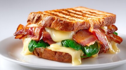 Gourmet Bacon and Spinach Sandwich on Grilled Bread with Melting Cheese, Perfect for Food Lovers and Culinary Enthusiasts