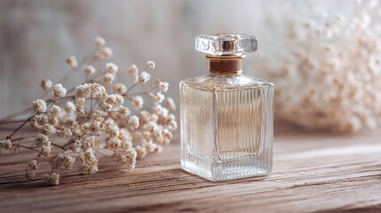 Elegant Glass Perfume Bottle Surrounded by Delicate White Dried Flowers on a Rustic Wooden Table in Soft Natural Light