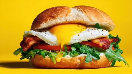 Delicious breakfast sandwich with crispy bacon, fresh greens, ripe tomatoes, and perfectly cooked egg on bright yellow background