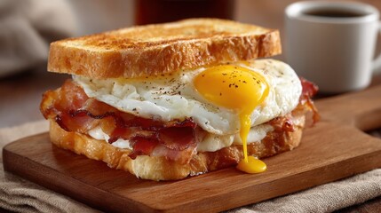 Delicious Breakfast Sandwich with Fried Egg, Crispy Bacon, and Toast on Wooden Board with Coffee in Background for Morning Meal Inspiration