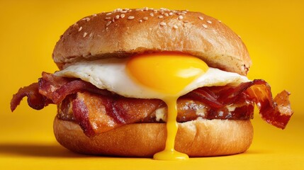 Juicy Breakfast Sandwich with Fried Egg and Crispy Bacon on a Gold Background Blending Flavors to Create an Irresistible Morning Delight