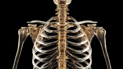 Detailed anatomical image of a human skeleton showing comprehensive features, including rib cage, vertebral column, and shoulder structure on a black background