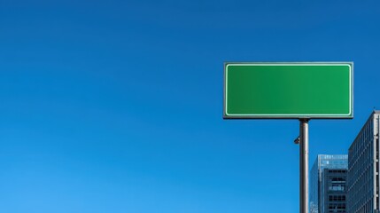 Empty Green Sign on a Pole against Clear Blue Sky, Minimalist Urban Scene Featuring Blank Billboard for Advertising or Directional Purposes