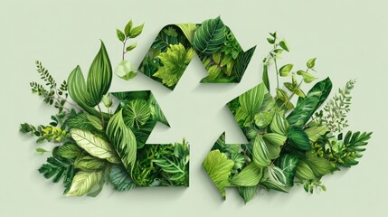 Vibrant Green Leaves Forming Recycle Symbol Representing Sustainability and Eco-friendly Practices with Nature Elements on Soft Background