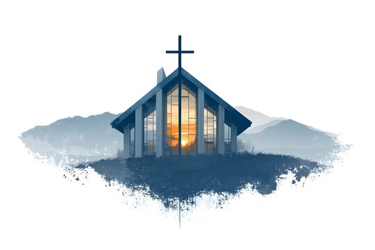 Logo for a modern church in the mountains with cross.