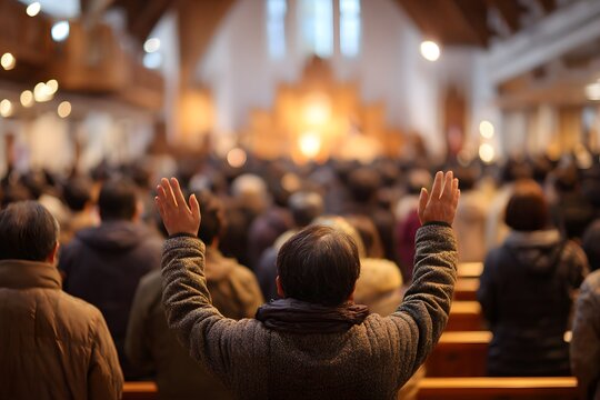 Inside a korean church during worship, showing the congregation.