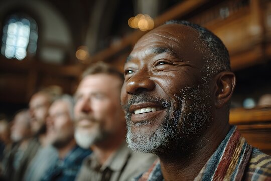 A image of group of diverse men in a church pew listening to.