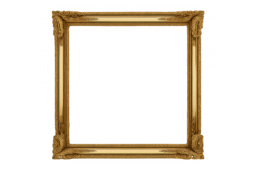 Ornate gold picture frame with intricate baroque design, empty and isolated on a transparent background