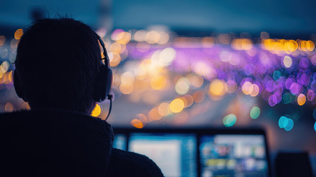 Night view of a person working at a control desk with city lights in background