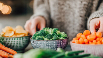 Person preparing fresh vegetables at home kitchen counter for cooking