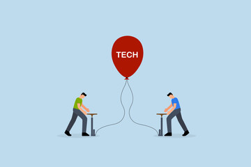 Tech stock bubble, traders investors take risk by inflating ready balloon with word TECH.