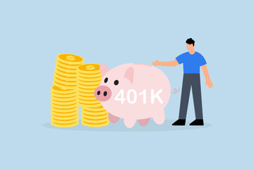 Retirement 401K investment, cheerful youthful businessman financial specialist stand with affluent brilliant pink piggy with word 401K and dollar cash coin stack