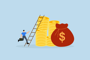 Ladder of success in financial target, Businessman climbs the ladder to the top of heap of money coins, achieving affluent and wealthy aims