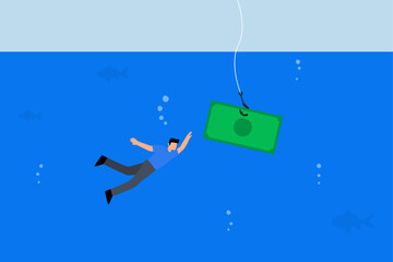 money trap, businessman dives into the business seas, baiting his hook with a dollar notes