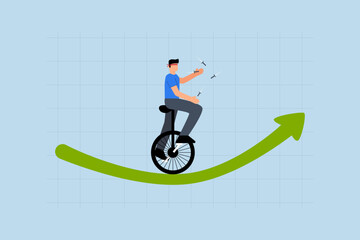 Investment risk, investment trader blinded and juggling knives on unicycle green bullish chart