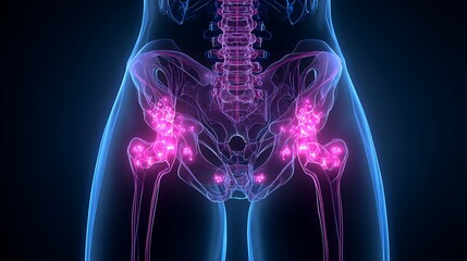 Glowing human pelvic bone structure with joints, highlighting skeletal anatomy