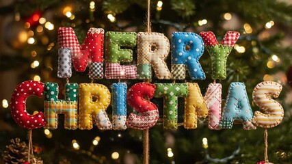 A colorful Merry Christmas sign hangs on a decorated tree with lights in the background video . use as multipurpose tittle intro, background. product mockup. motion graphics background