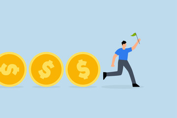 Cash flow, Businessman leader holding flag control flow of money Dollar coins