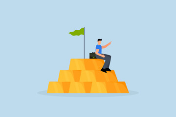 Gold investment, businessman, wealth manager, trader, or wealthy investor sits atop a stack of gold bar bullion