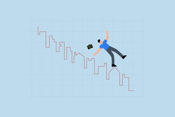 Real estate market price down chart, investor or real estate agent sliding from house and building, red plunge graph and chart.