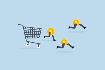 Over spending, Dollar coins flee from an aggressively chasing creditor shopping cart or trolley