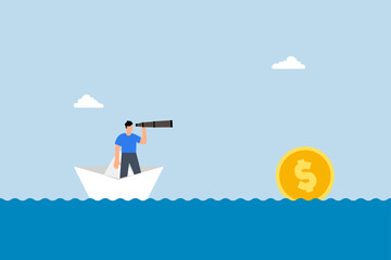 Financial planning target, Businessman aboard a boat, using a telescope to glimpse faraway golden money coins
