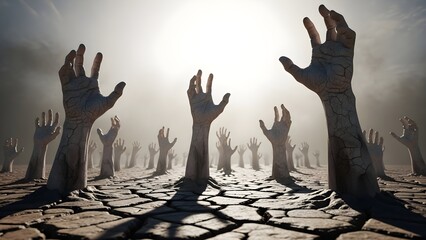 Many desiccated human hands reach up desperately from deeply cracked arid earth toward a bright hazy light in a dramatic scene on white background