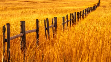 Golden wheat field with rustic wooden fence at sunset