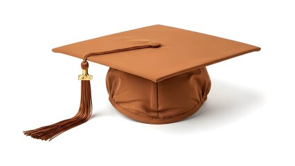 A single brown graduation cap with a gold tassel showing the year detail rests isolated on a pure white background ready for academic celebration symbolism on white background