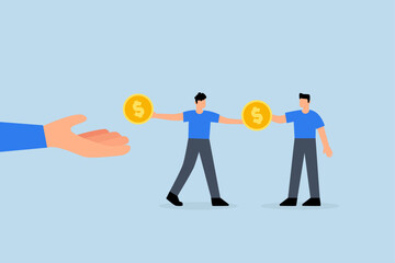 Living paycheck to paycheck, The weary businessman picks up dollar coin and uses it to settle his creditor debt