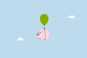Financial freedom, pink piggy bank floating in a minimalist sky, ready to sail off to freedom.