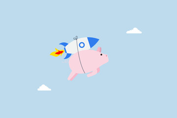 Boost saving and get higher return, pink piggy bank that flies with rocket booster