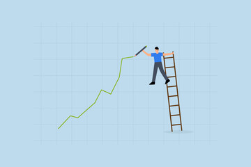 Stock price growth, businessman trader climbing up ladder to draw green rising up investment line graph