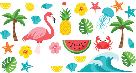 Tropical summer cartoon vector set with flamingo palm trees fruits sea waves shells and beach elements © Sumon Creative