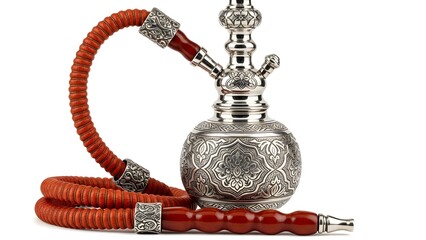 Ornate handcrafted silver metal hookah base with a coiled red leather hose and detailed wooden mouthpiece accessory on white background