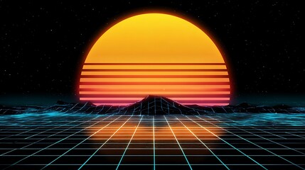 Retro-futuristic landscape features a neon grid, mountain, and glowing sunset against starry night