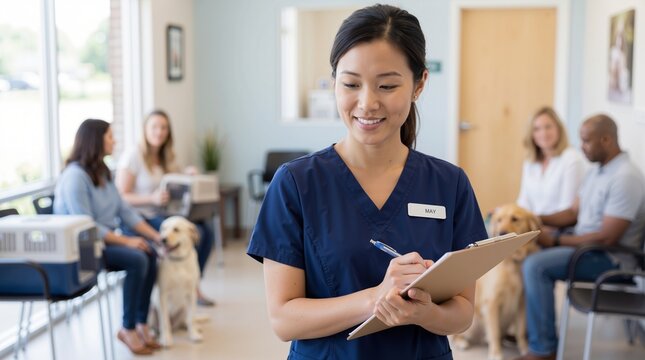 Asian woman veterinarian in blue scrubs writing on clipboard and smiling in busy clinic waiting room. Animal healthcare and professional medical service banner with copy space - Powered by Adobe