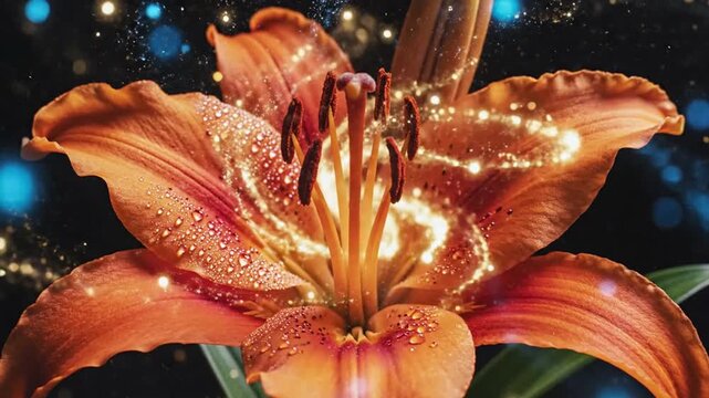 Enchanting orange lily bloom bathed in ethereal golden light, its delicate petals sparkling with magical dust against a mysterious dark backdrop
