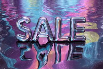sale lettering created as reflective metallic typography on abstract colorful liquid background concept of digital retail advertising