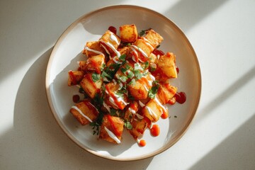 crispy potatoes with sauce served on minimal white plate, comfort food potato dish on modern table with soft shadows, editorial food scene, concept of food marketing, cafe menu, culinary blog