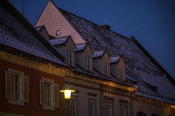 Historic houses with christmasdecoration in the small town Stainz in Styria, Austria in the early morning hours