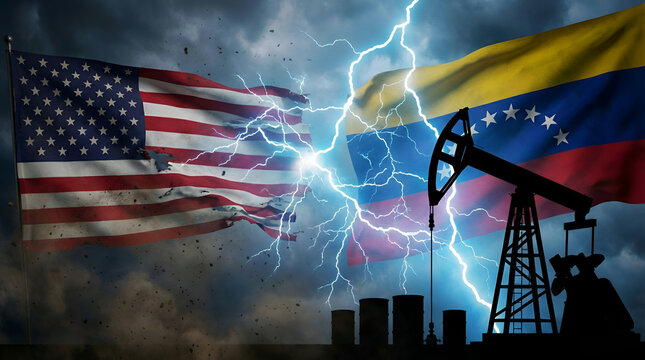 USA and Venezuela flag with thunderstorm between the flags. geopolitical tension between the United States and Venezuela. Silhouette pumpjack and oil barrel and Venezuela flag.