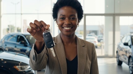 Black woman car sales manager holding key and smiling at camera in dealership showroom. Automotive business and successful vehicle purchase transaction