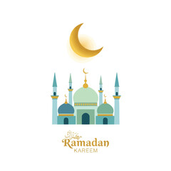 Ramadan Kareem Islamic Mosque and Golden Crescent Moon Illustration